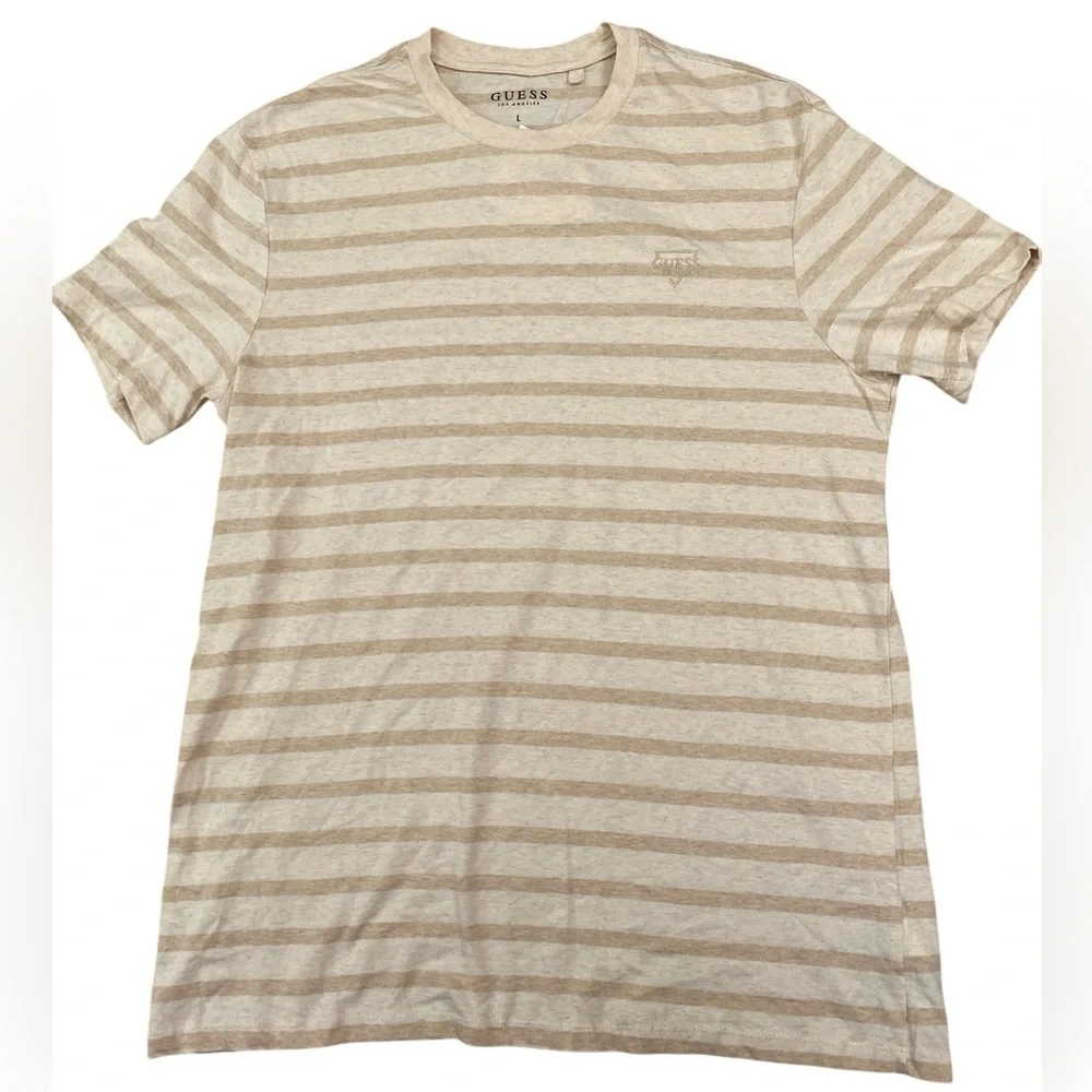 Everyday Casual Men’s Guess Beige Striped Cotton Short Sleeve T Shirt - Picture 3 of 7